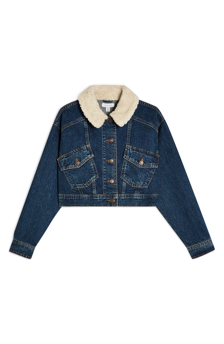 Topshop Crop Faux Shearling Collar Denim Jacket, Alternate, color, 