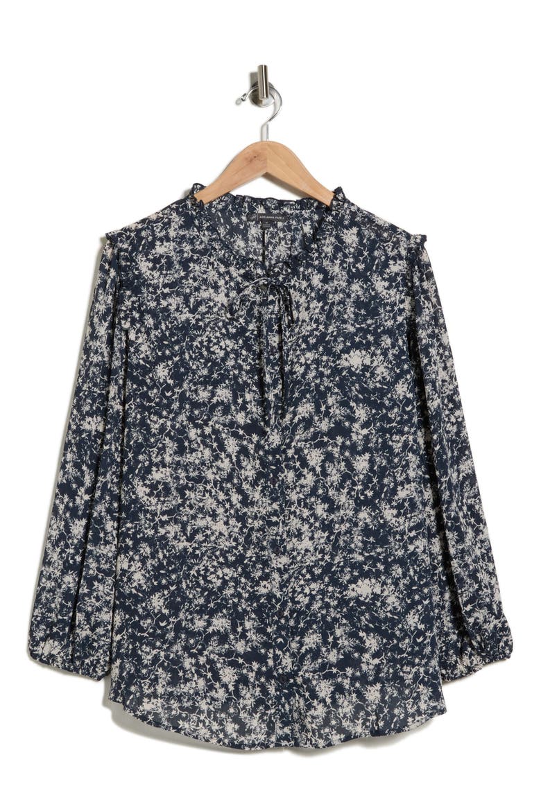 Ruffle Neck Woven Button-Up Shirt, Alternate, color, MIDNIGHT GARDEN
