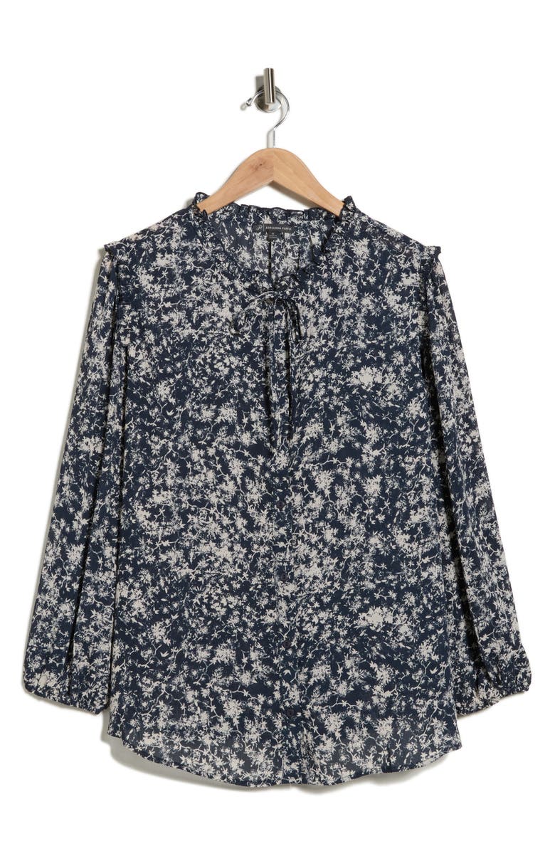 Adrianna Papell Ruffle Neck Woven Button-Up Shirt, Alternate, color, Midnight Garden