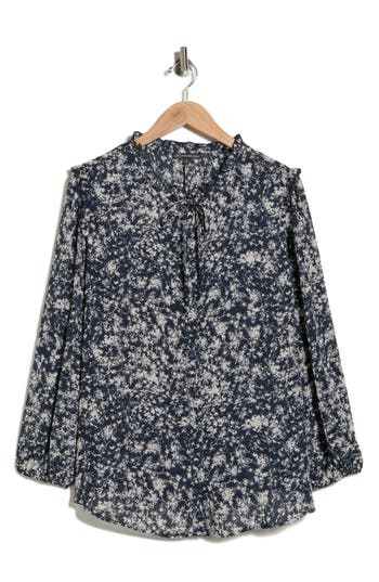 Adrianna Papell Ruffle Neck Woven Button-up Shirt In Blue