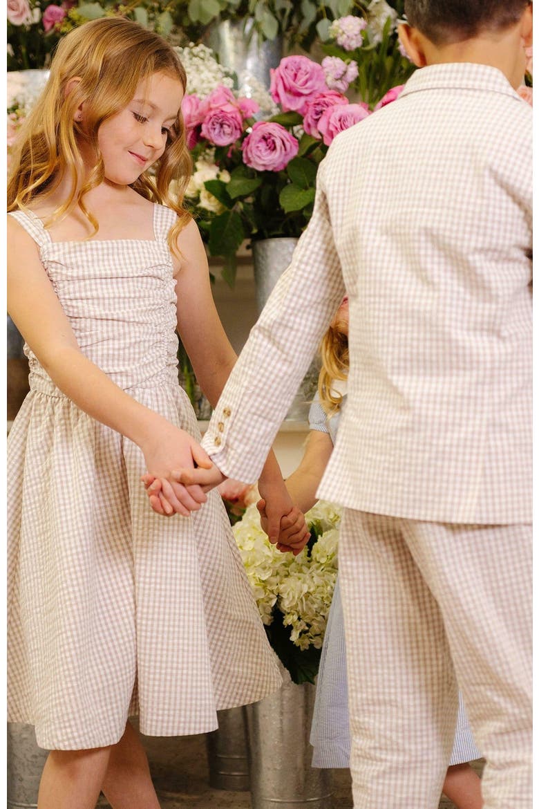 Girls' Organic Ruched Bodice Party Dress, Kids, Alternate, color, Taupe Gingham Seersucker