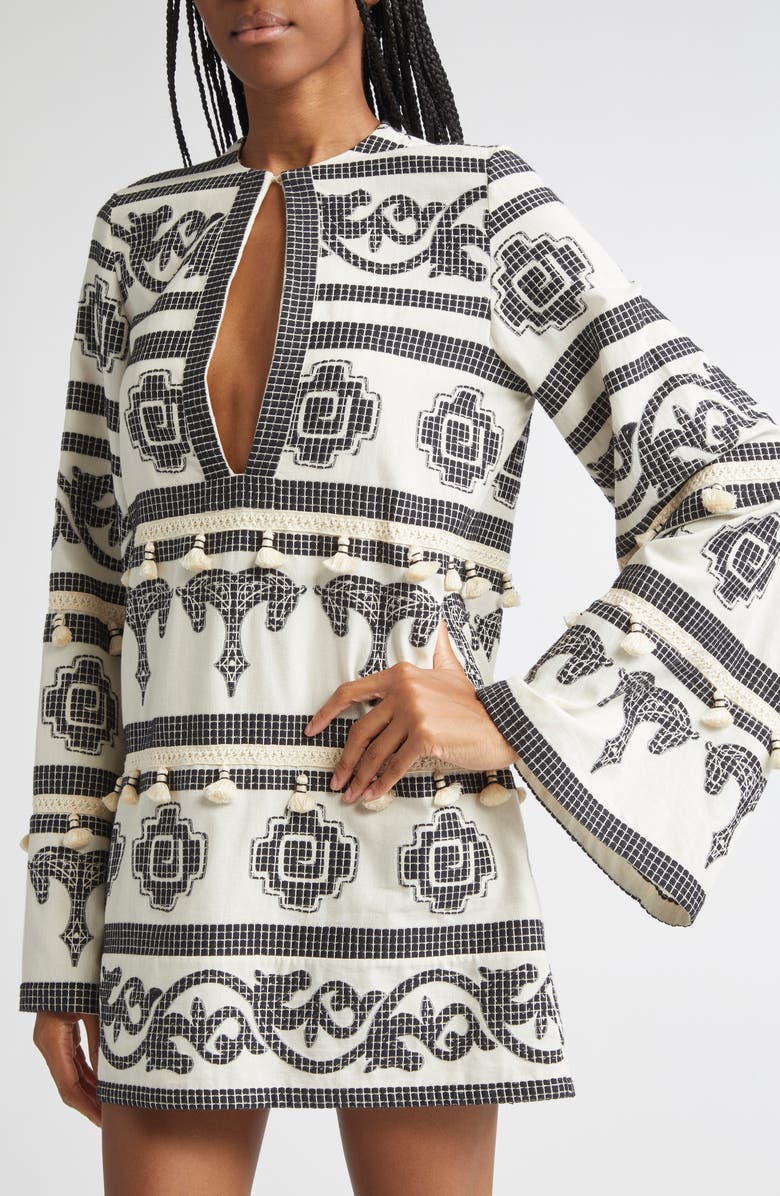 Johanna Ortiz Quetzalcalt Temple Long Sleeve Cotton Minidress, Alternate, color, Ecru / Black