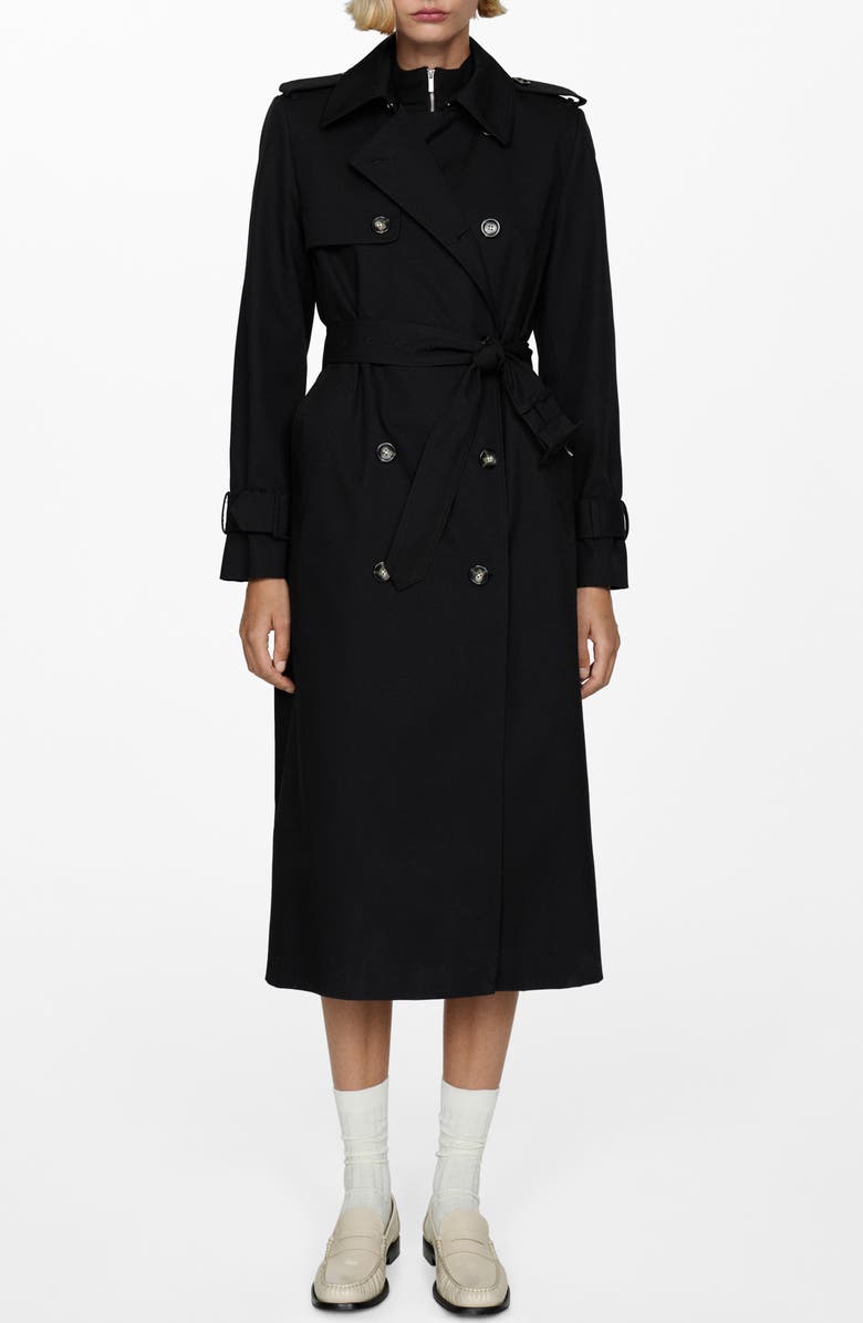MANGO Double Breasted Cotton Trench Coat, Main, color, Black