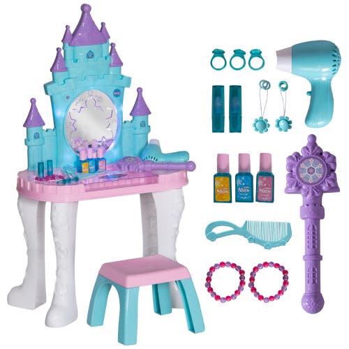 Qaba Kids Vanity Set, Mirror, Stool, Castle Design, Light, Music, Hair Dryer in Multicolor 