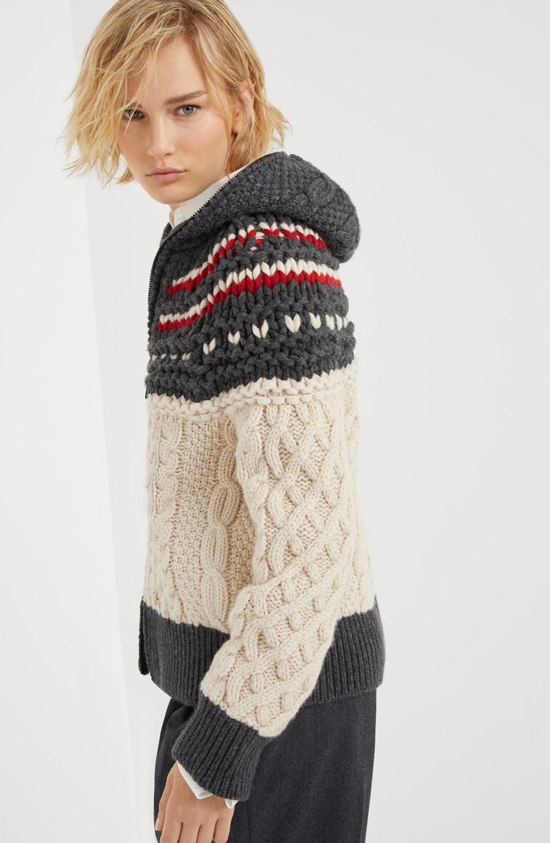 Brunello Cucinelli Handmade Mountain Cables OPERA cardigan in cashmere Feather yarn with hood, Alternate, color, 