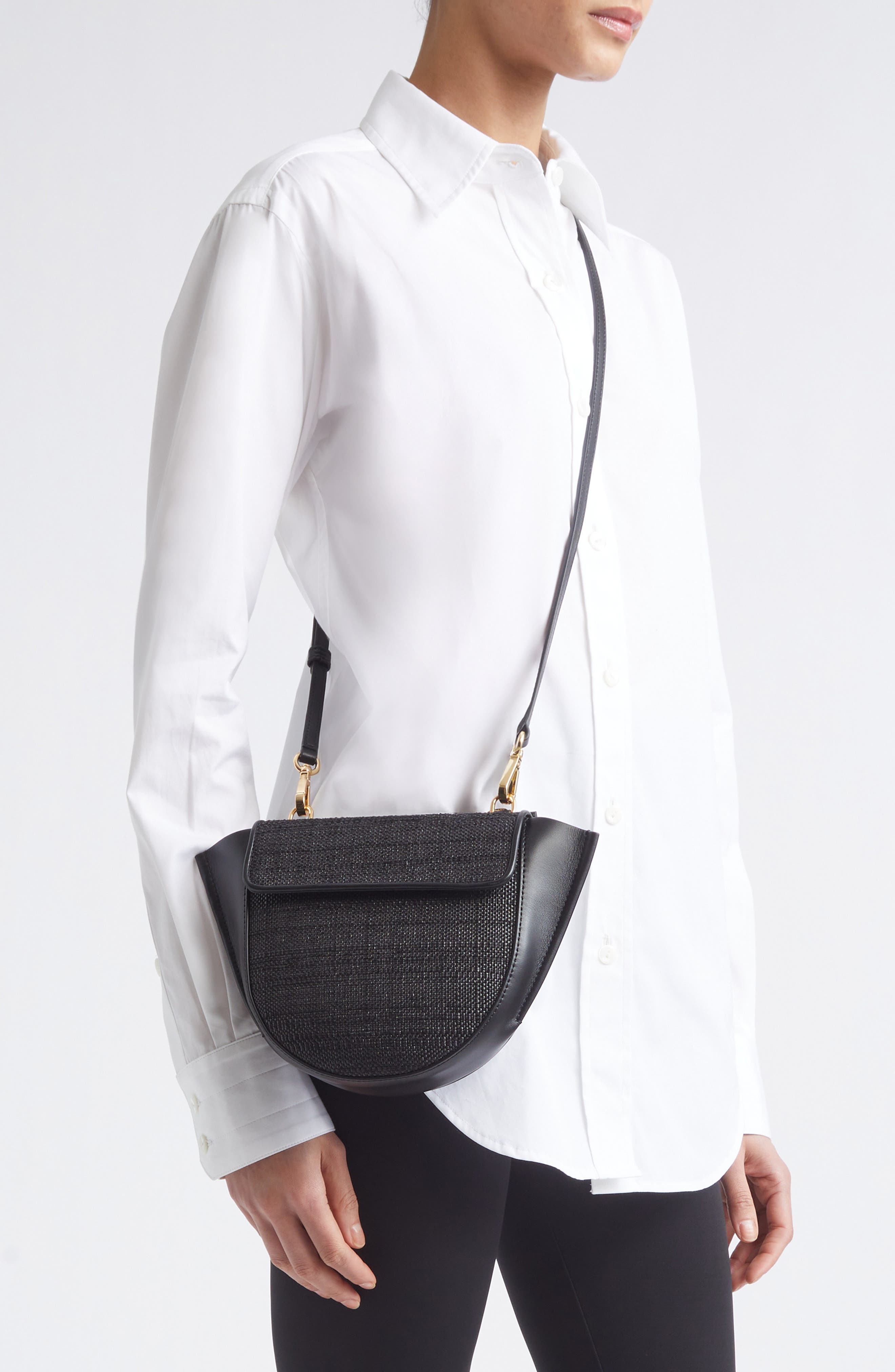 Wandler Mini Hortensia Leather & Raffia Handbag, Alternate, color, Black Raffia