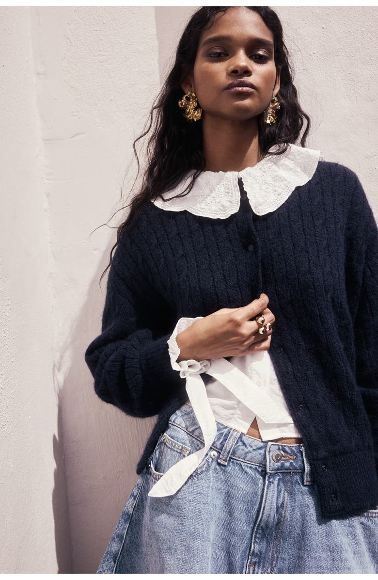 H&M Cable-knit Bomber Jacket, Main, color, Navy Blue