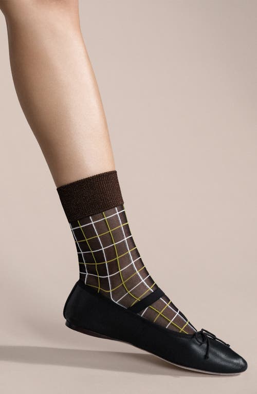 Hansel From Basel Grid Sheer Crew Socks In Brown