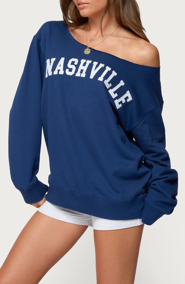 EDIKTED Nashville Oversize Off the Shoulder Sweatshirt, Alternate, color, Navy