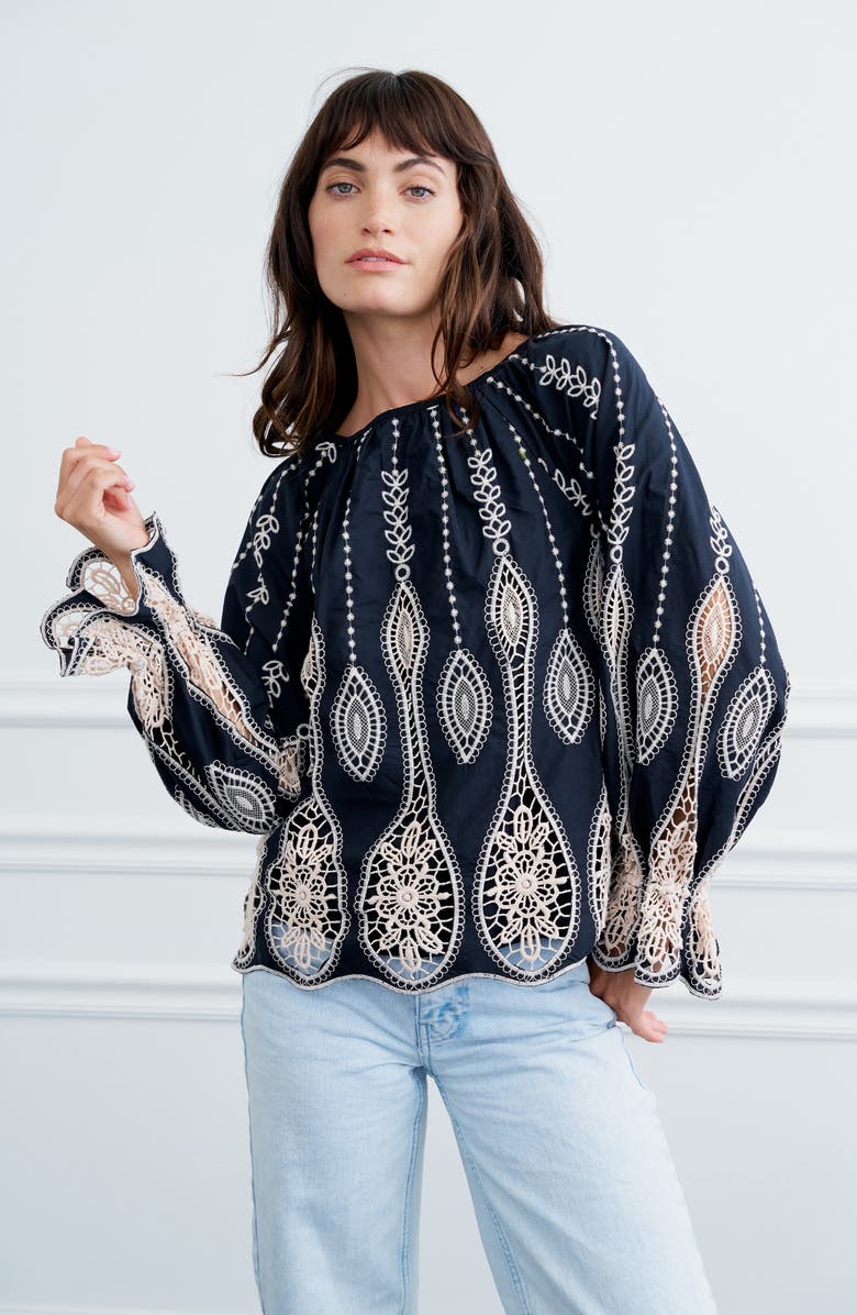 CIEBON Belia Embroidered Top, Alternate, color, Black/Cream