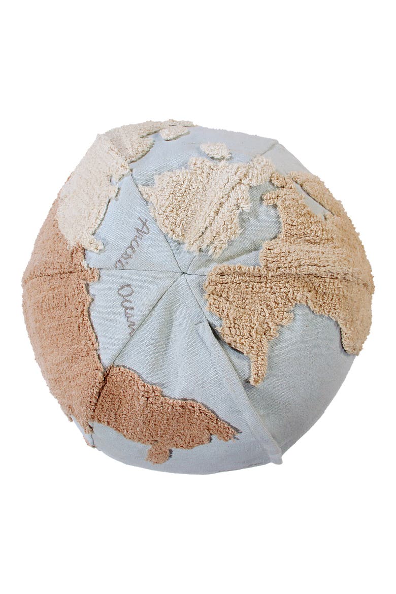 World Map Pouf, Alternate, color, LIGHT BLUE NATURAL LINEN