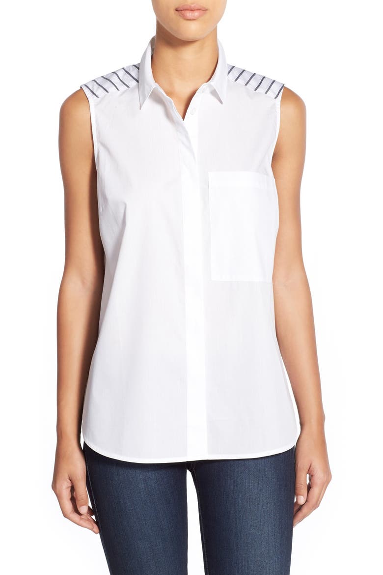 Sleeveless Colorblock Button Back Poplin Top, Main, color, WHITE- GREY STRIPE COLORBLOCK