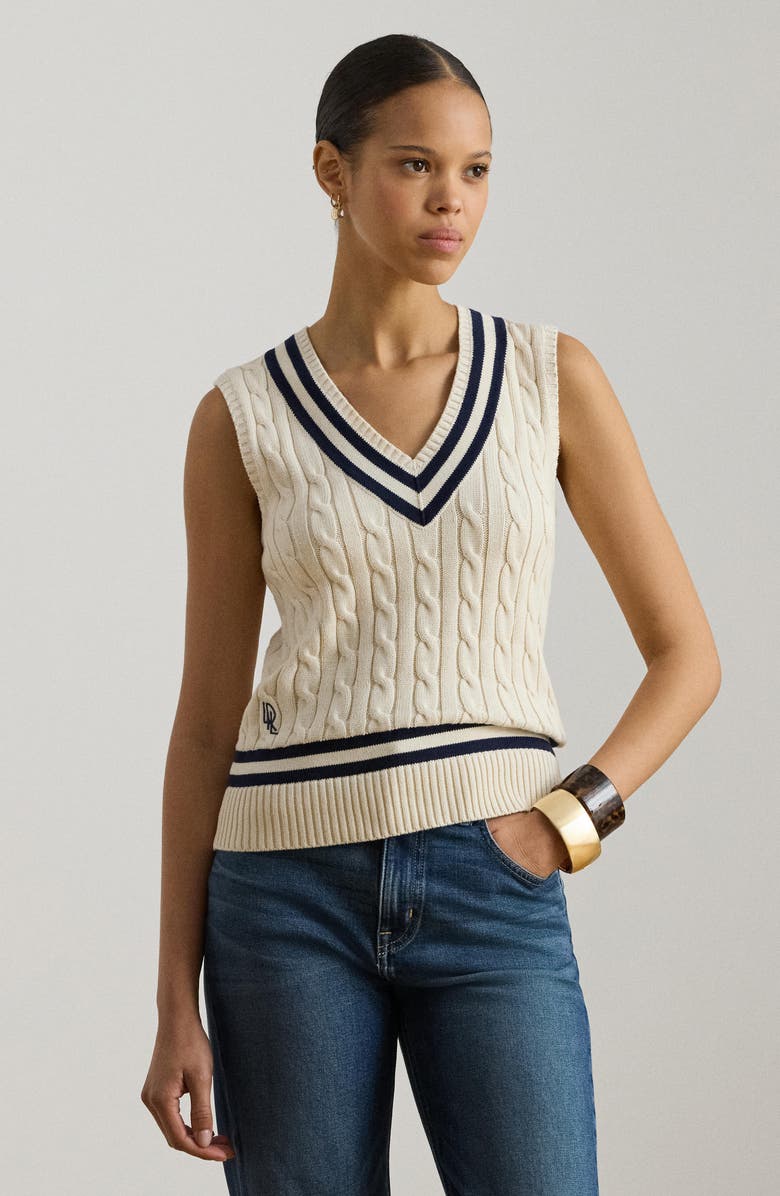 Lauren Ralph Lauren Nalrun Cable Stitch Cotton Cricket Sweater Vest, Alternate, color, Cream/ Refined Blue