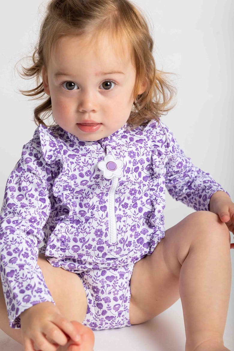 Floral Print One Piece Rashguard with Ruffles, Alternate, color, Purple/White
