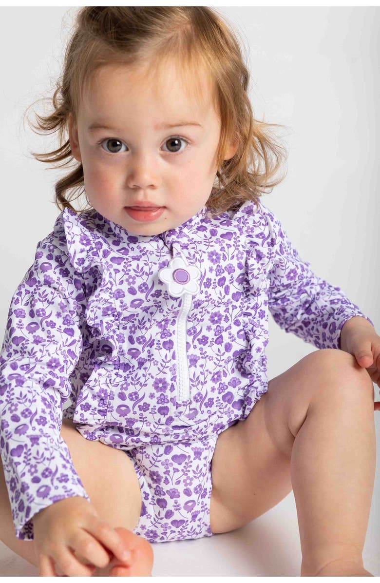 Florence Eiseman Floral Print One Piece Rashguard with Ruffles, Alternate, color, Purple/White