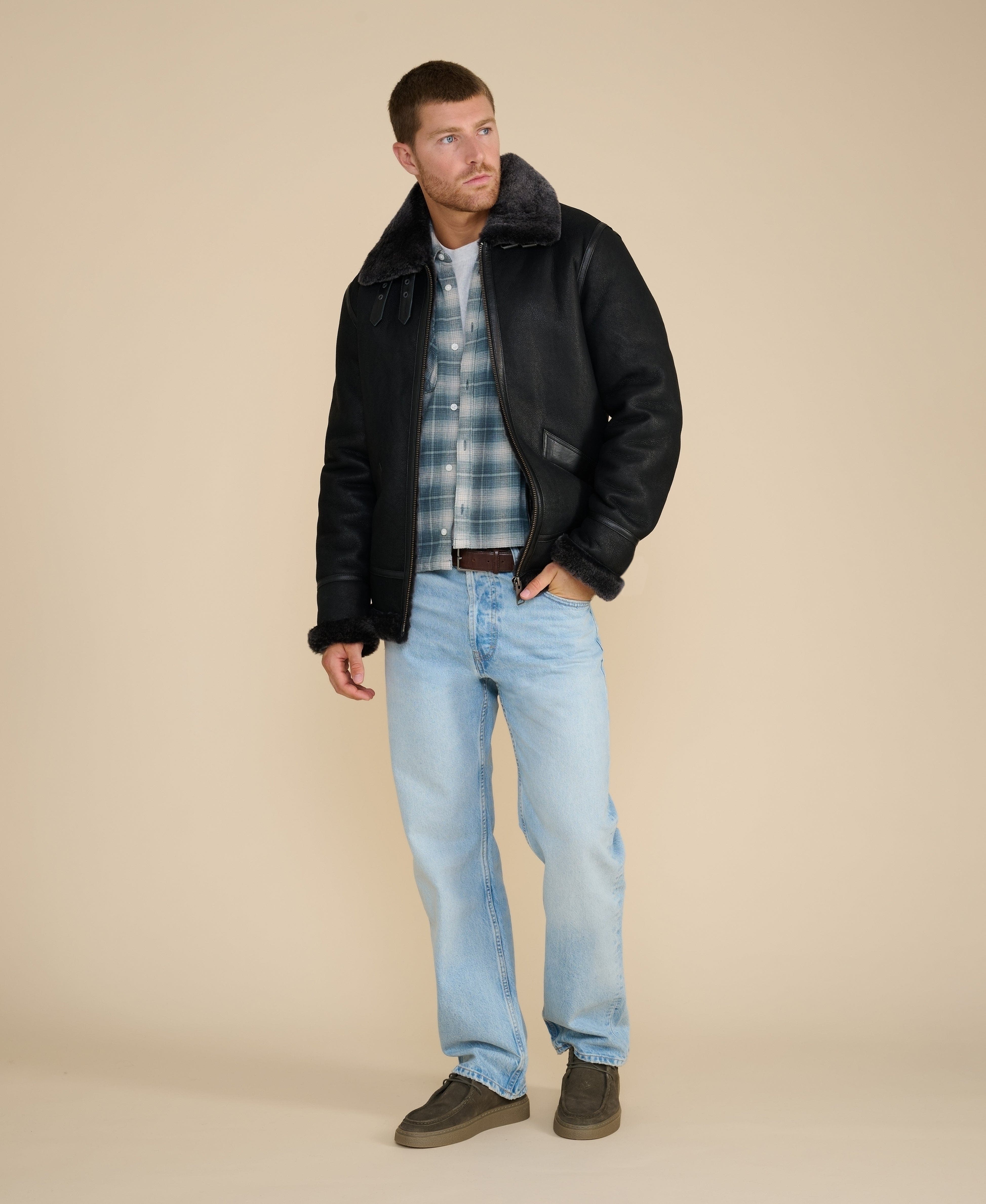 Furniq UK Frederick Shearling Aviator Jacket in Black 
