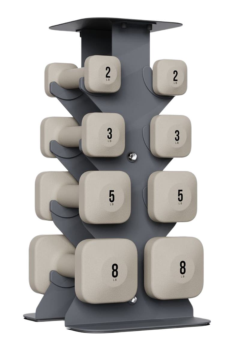 SafeGrip Dumbbells Lower Set with Dark Rack - 2, 3, 5, 8lbs, Main, color, Sandstone