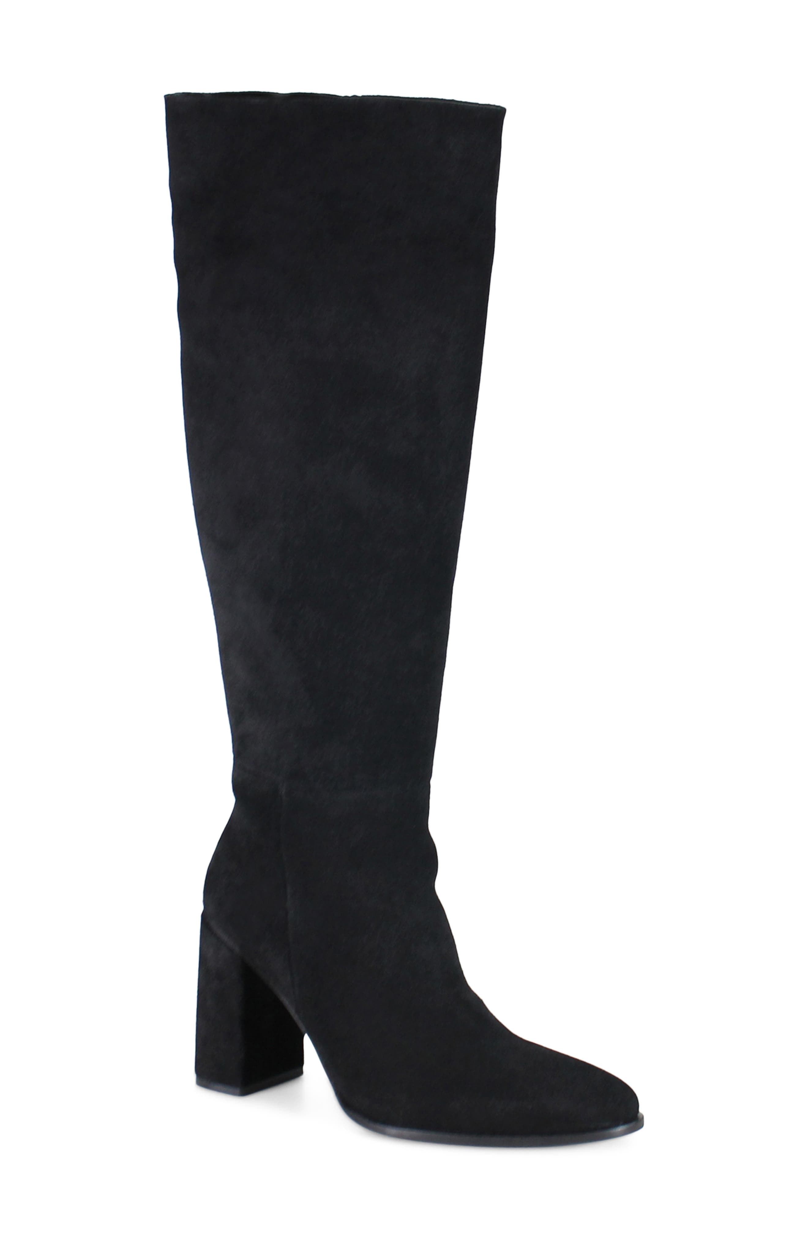 Text Back Leather Knee High Boot, Main, color, BLACK