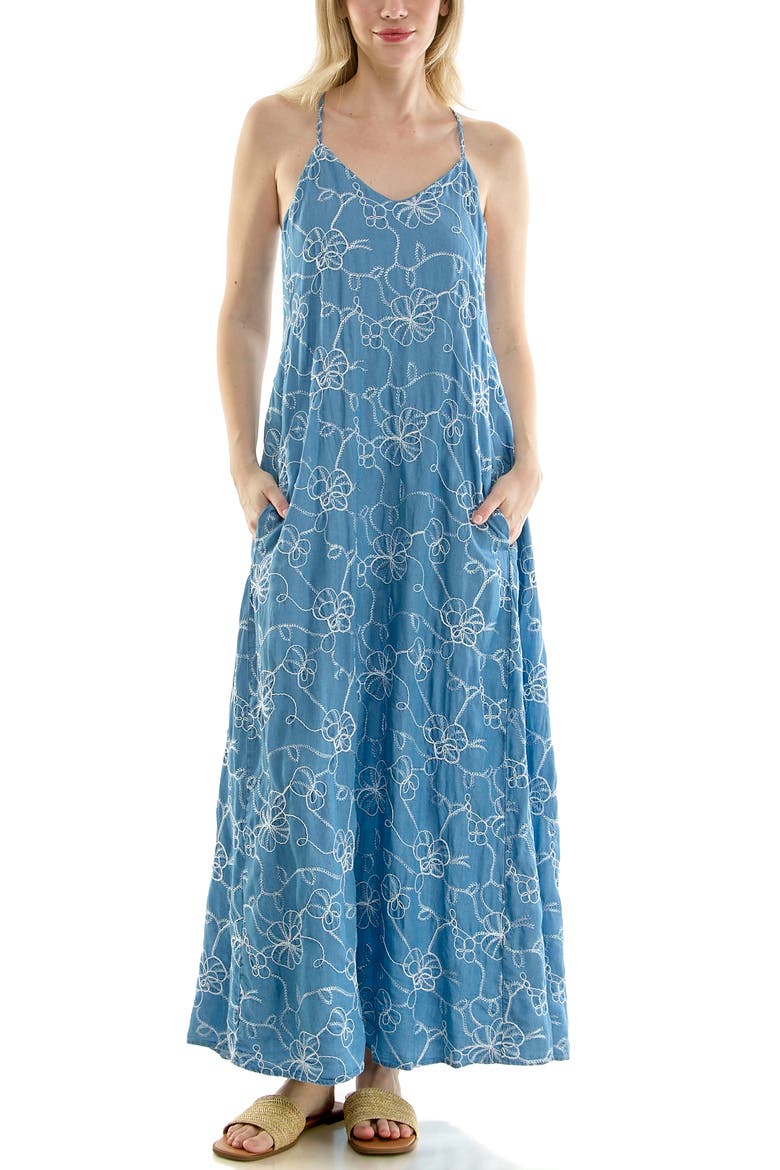 Floral Embroidered Maxi Slipdress, Alternate, color, MEDIUM WASH