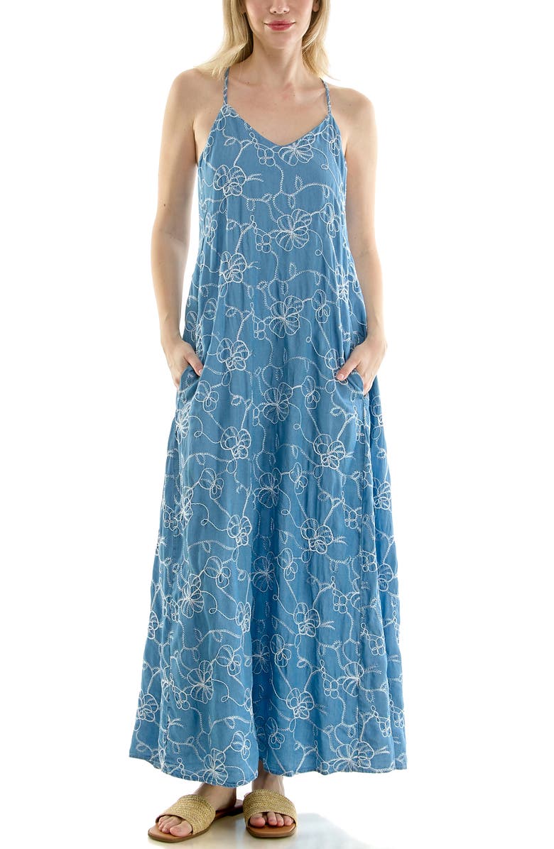 Nicole Miller Floral Embroidered Maxi Slipdress, Alternate, color, Medium Wash