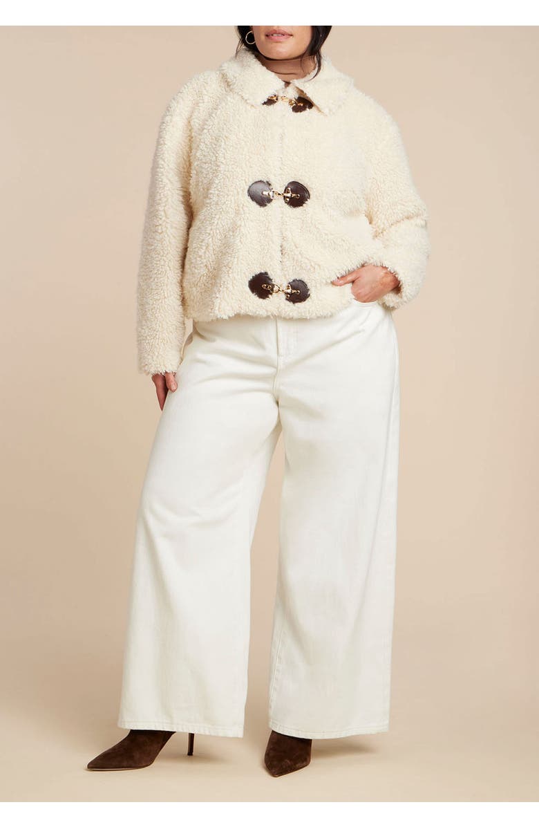 ELOQUII Teddy Fur Coat With Buckles, Alternate, color, Cream