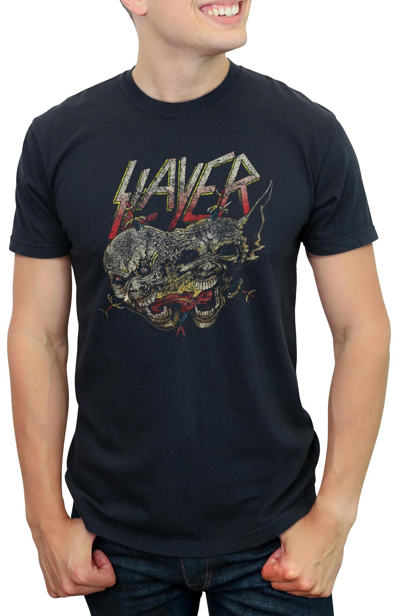 Men's Slayer Demon Faces Distressed  Graphic T-Shirt in Black 