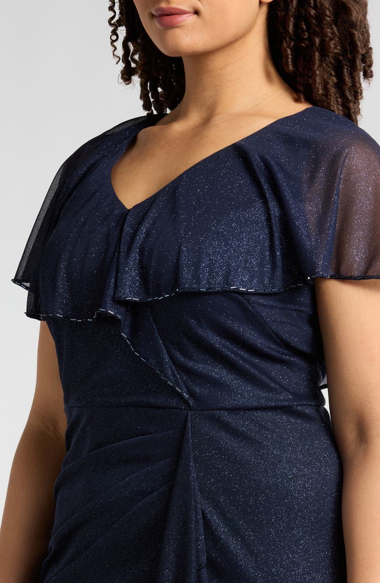 SL FASHIONS Beaded Shimmer Capelet Gown, Alternate, color, Navy