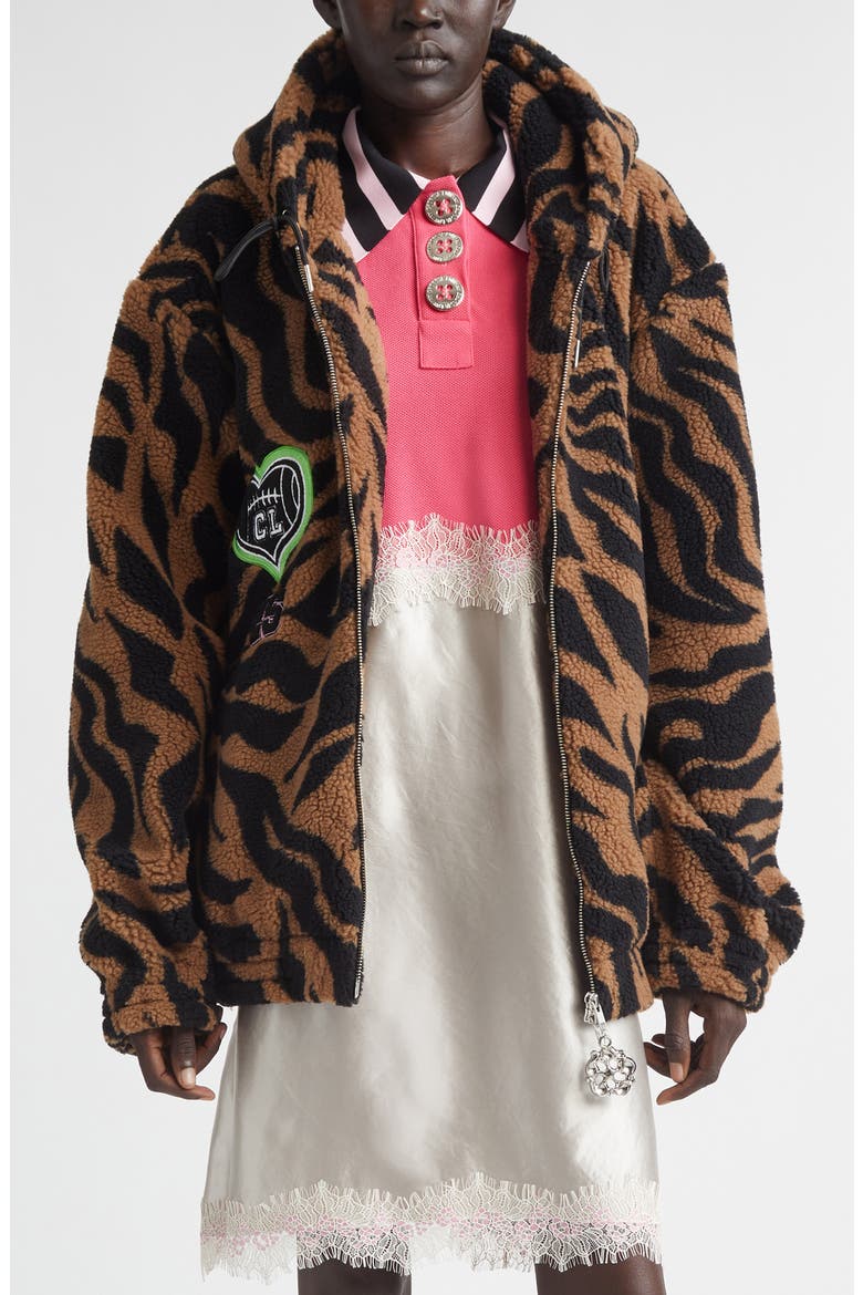 Tiger Stripe Oversize High Pile Fleece Full Zip Hoodie, Main, color, BROWN AND BLACK
