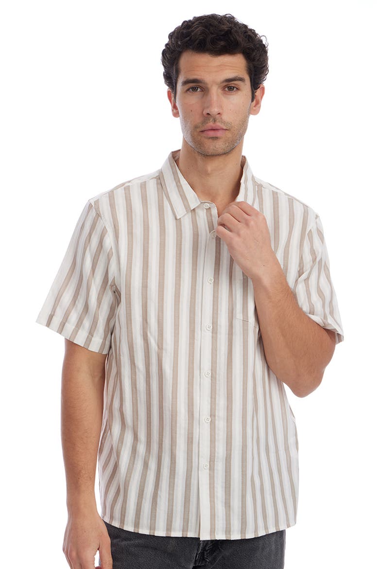 Stripe Jacquard Short Sleeve Cotton Button-Up Shirt, Alternate, color, TAN
