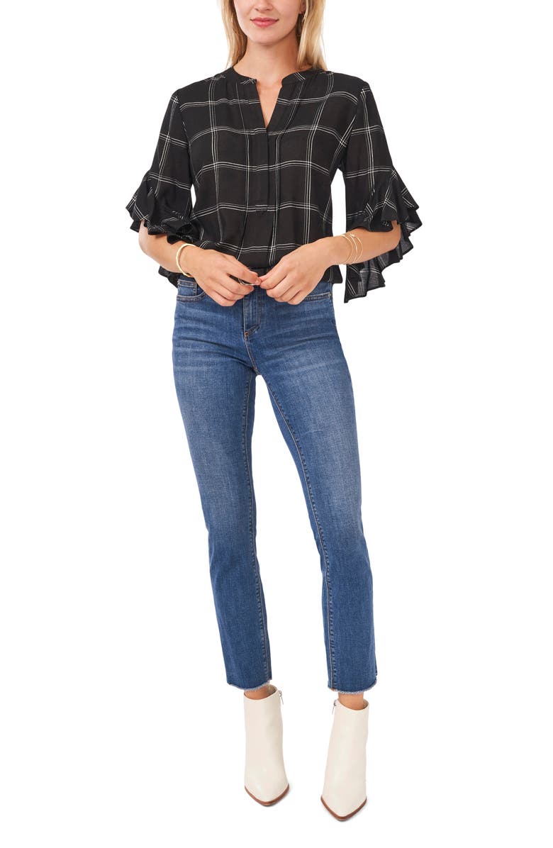 Vince Camuto Windowpane Ruffle Sleeve Popover Top, Alternate, color, Rich Black