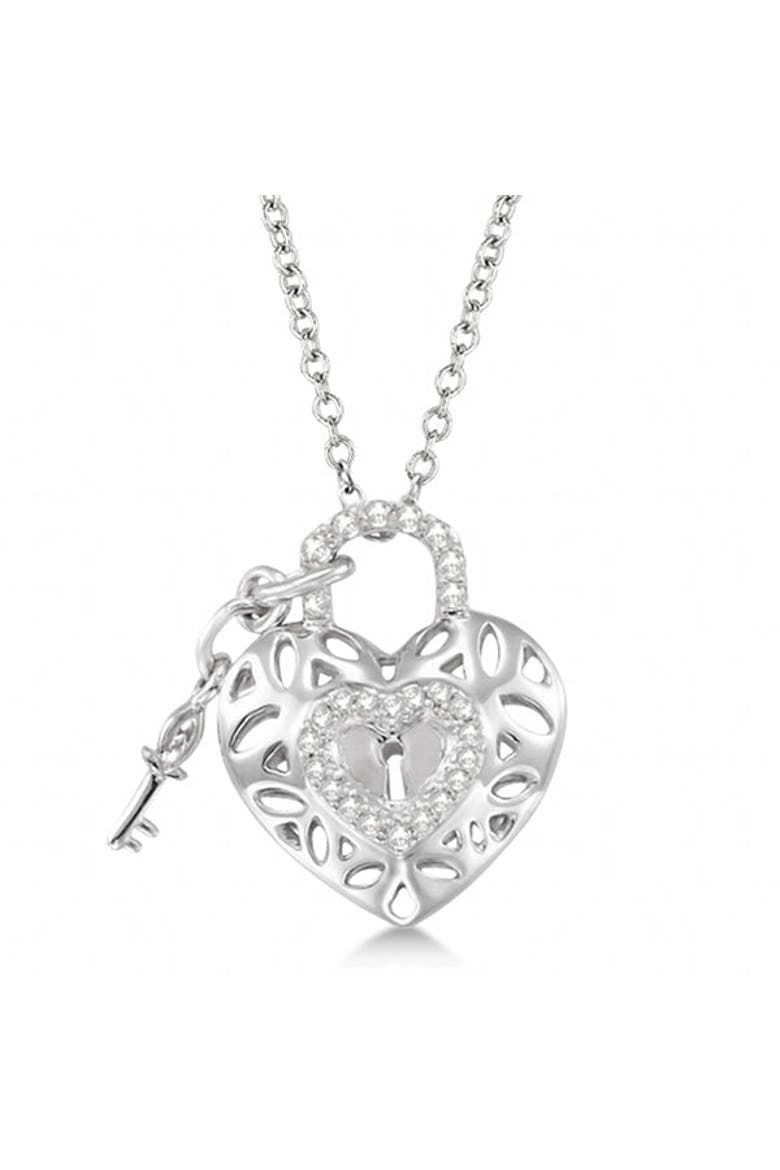 Natural Diamond Heart Key and Lock Pendant Necklace Sterling Silver, Main, color, Diamond