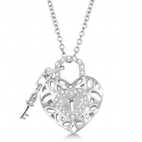 Diamond Heart Key and Lock Pendant Necklace Sterling Silver