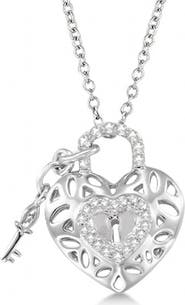 ALLUREZ Natural Diamond Heart Key and Lock Pendant Necklace Sterling Silver