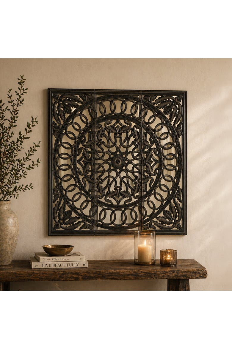 Wooden Handmade Wall Panel with Mirror, Alternate, color, Grey