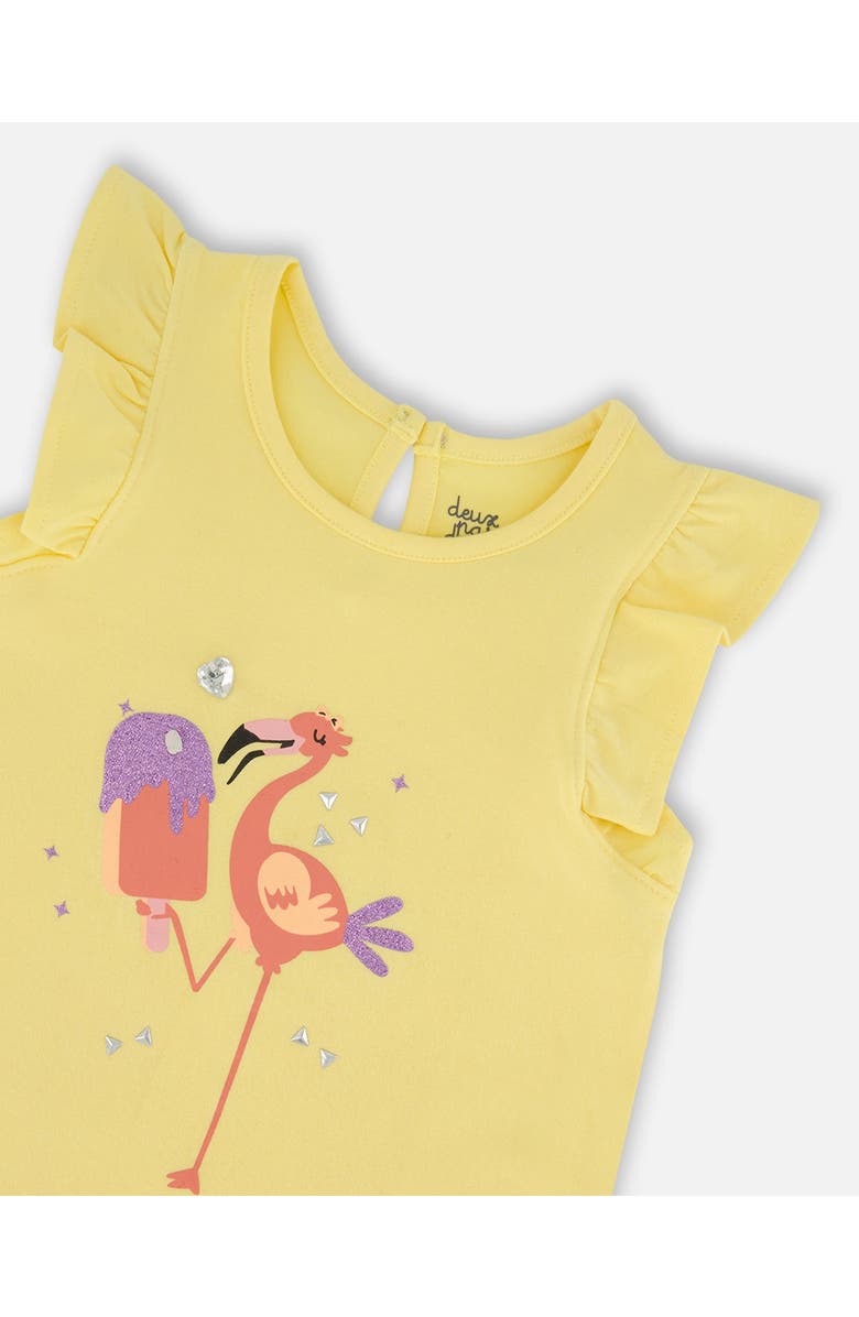 Deux par Deux Girl's Organic Cotton Tunic With Frill And Print Yellow And Flamingo, Alternate, color, Yellow And Flamingo