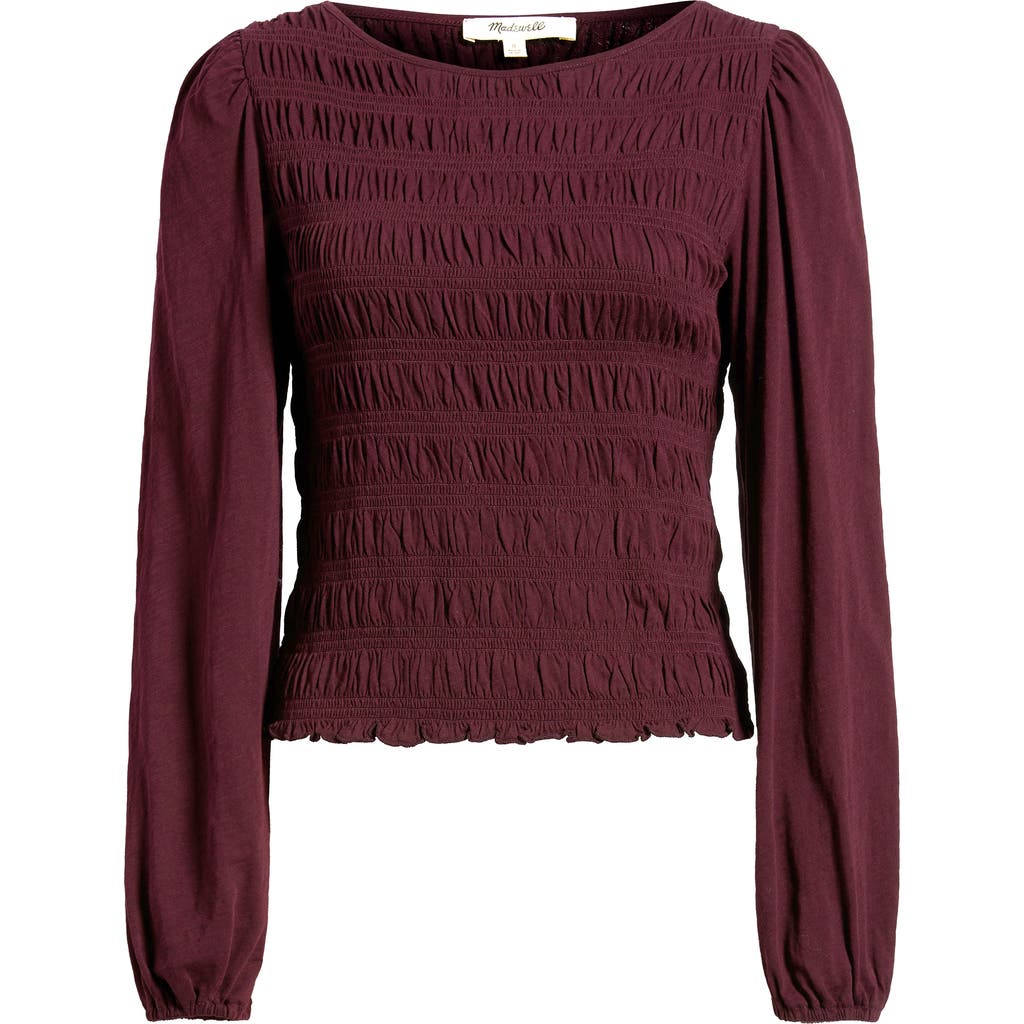 Madewell Smocked Boat Neck Long Sleeve Cotton Top In Brown