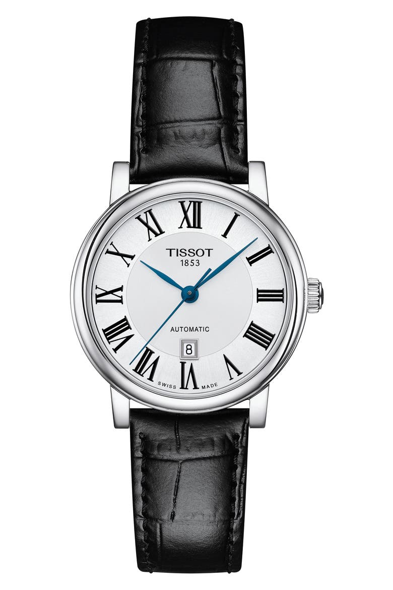 Carson Automatic Leather Strap Watch, 30mm, Main, color, SILVER