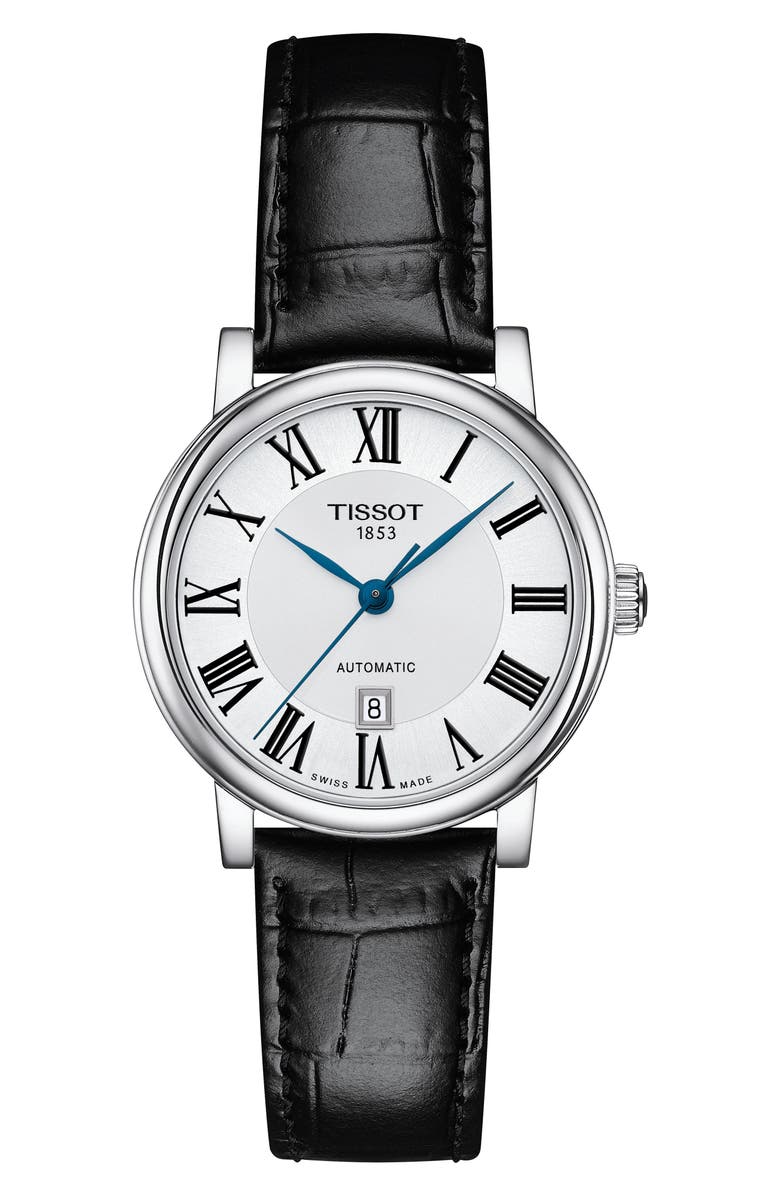 Tissot Carson Automatic Leather Strap Watch, 30mm, Main, color, Silver