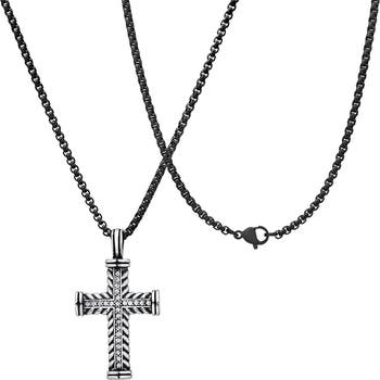 Men's Two-Tone Stainless Steel Crystal Cross Pendant Necklace