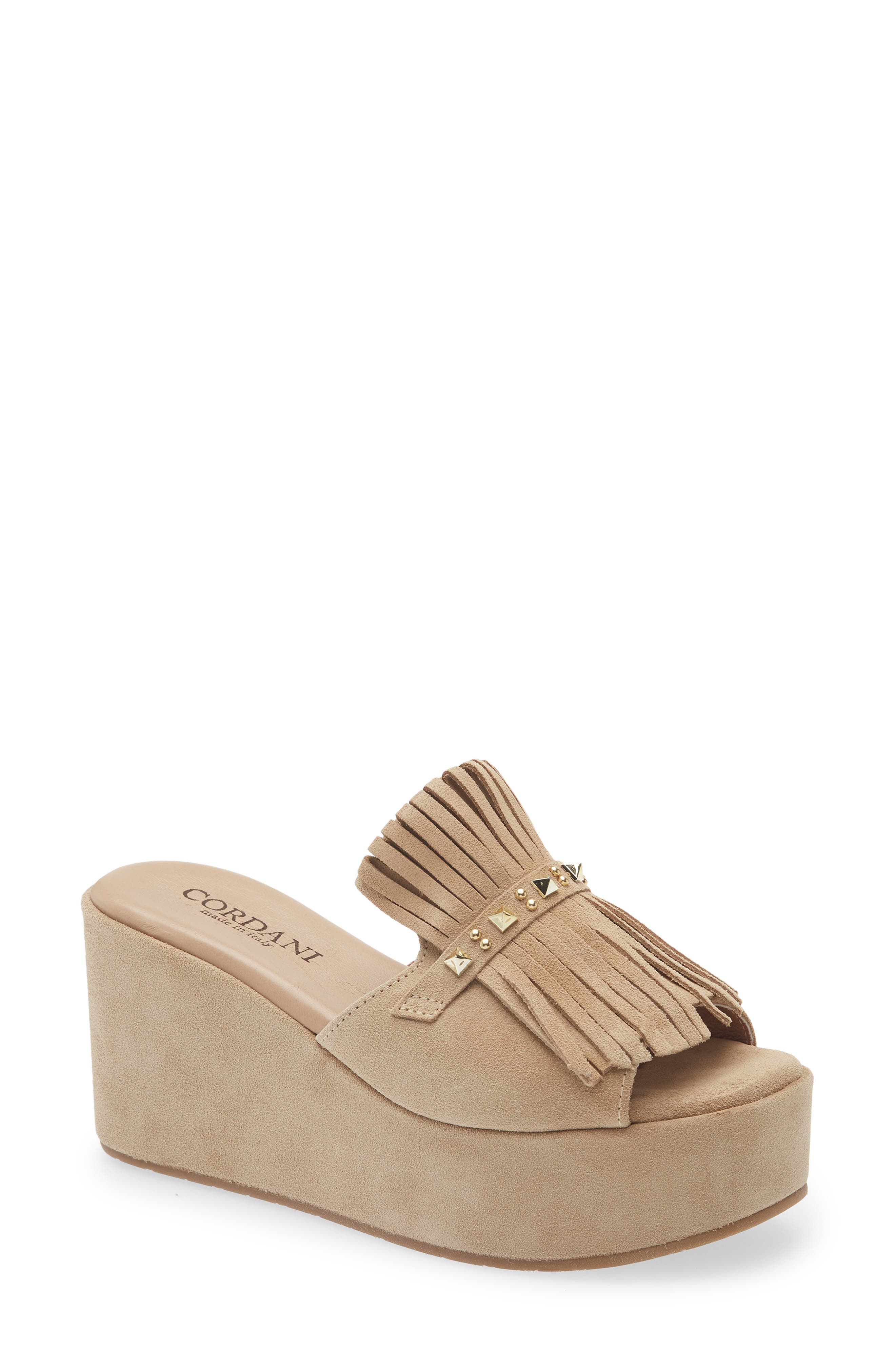 Cordani Jewel Studded Kiltie Platform Wedge Slide Sandal, Main, color, Beige Suede