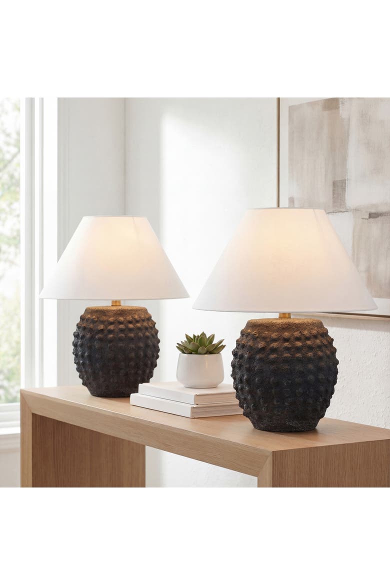 Effie 18.25" Minimalist Scandinavian Ceramic/Iron Hobnail LED Table Lamp, Main, color, Matte Black