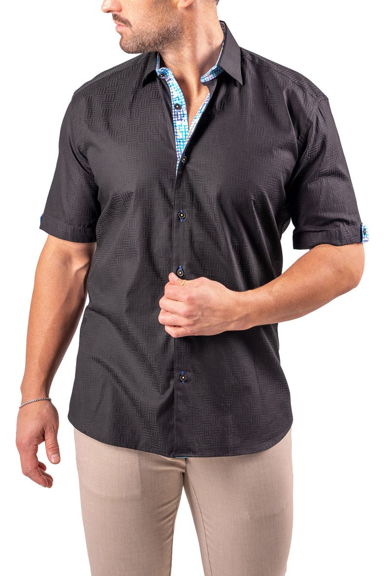 Galileo Resistance0144 Black Geo Jacquard Short Sleeve Cotton Button-Up Shirt, Alternate, color, BLACK
