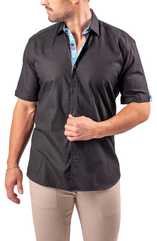 Maceoo Galileo Resistance0144 Black Geo Jacquard Short Sleeve Cotton Button-up Shirt