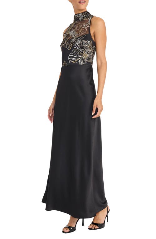 Maggy London Metallic Embroidery Mixed Media Gown In Black