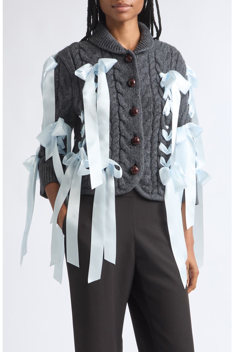 Cobble Bow Cable Knit Wool Cardigan, Main, color, GREY
