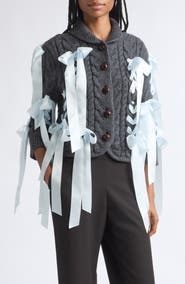 Sandy Liang Cobble Bow Cable Knit Wool Cardigan