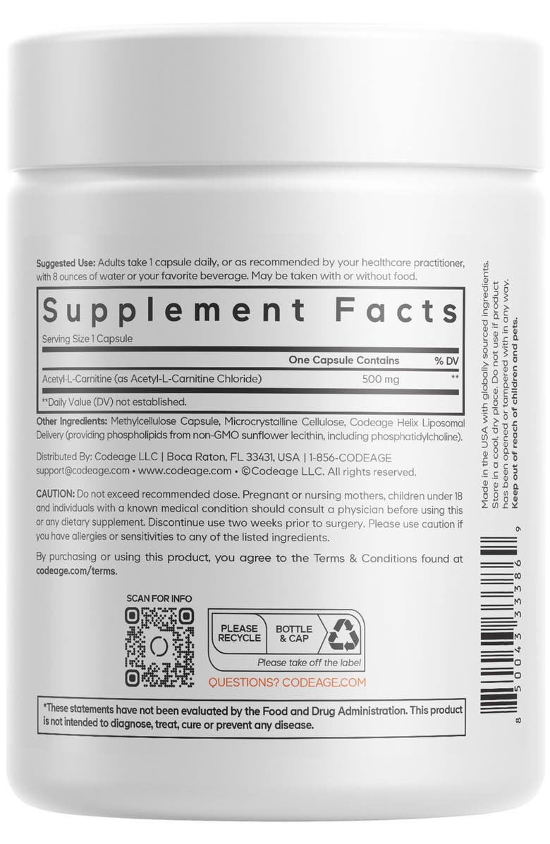 Codeage Liposomal Acetyl-L-Carnitine 500mg Supplement, Alternate, color, White