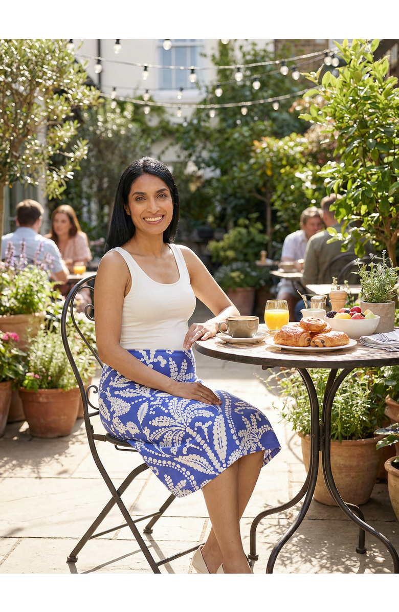 24seven Comfort Apparel Maternity Paisley Elastic Waist Knee Length A-Line Skirt, Alternate, color, Blue Multi