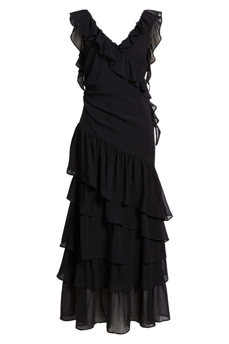 Cap Sleeve Cascading Ruffle Gown, Alternate, color, BLACK