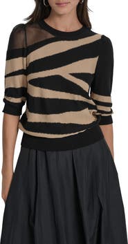 DKNY Zebra Stripe Three-Quarter Sleeve Sweater